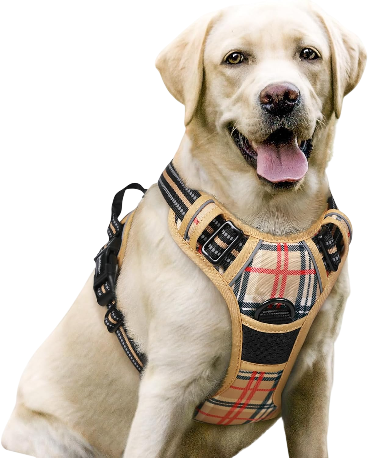 Dog Harness No Pull with 2 Leash Clips - Beige Plaid